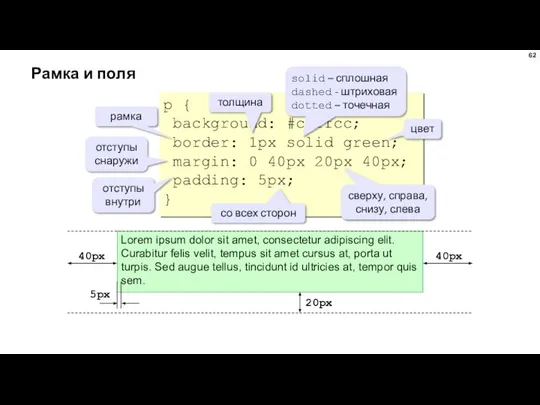 Рамка и поля p { background: #ccffcc; border: 1px solid green;