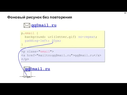 Фоновый рисунок без повторения p.email { background: url(letter.gif) no-repeat; padding-left: 20px; } qq@mail.ru qq@mail.ru qq@mail.ru
