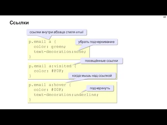 Ссылки p.email a { color: green; text-decoration:none; } p.email a:hover {