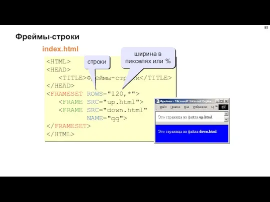 Фреймы-строки index.html Фреймы-строки NAME="qq"> строки ширина в пикселях или %