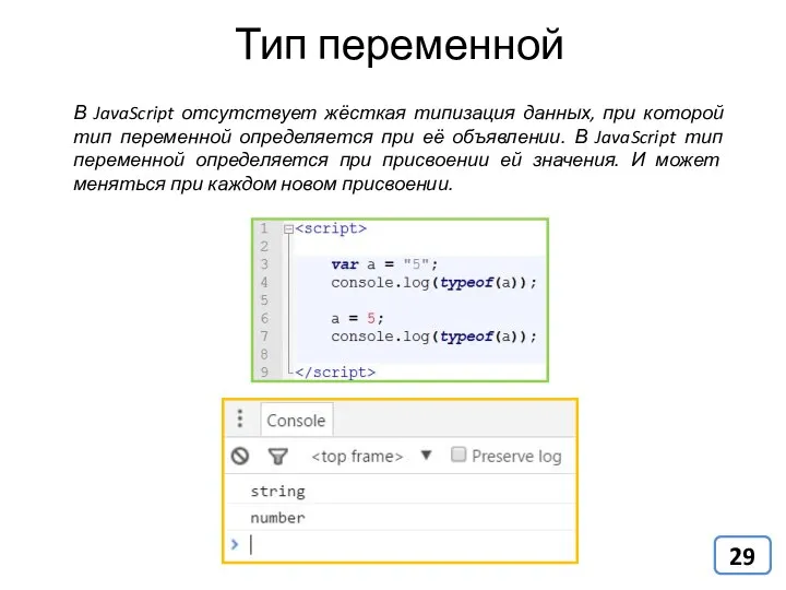 Тип переменной В JavaScript отсутствует жёсткая типизация данных, при которой тип