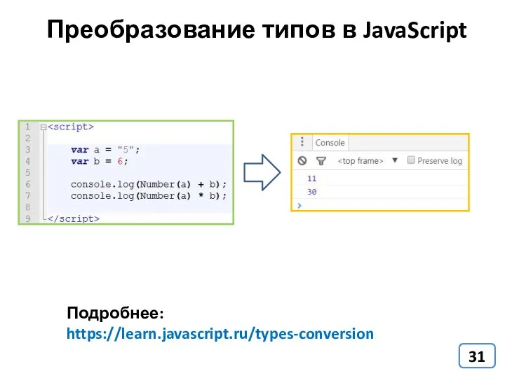 Преобразование типов в JavaScript Подробнее: https://learn.javascript.ru/types-conversion