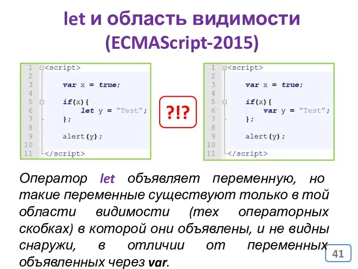 let и область видимости (ECMAScript-2015) Оператор let объявляет переменную, но такие