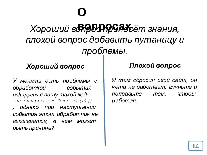 Хороший вопрос принесёт знания, плохой вопрос добавить путаницу и проблемы. О