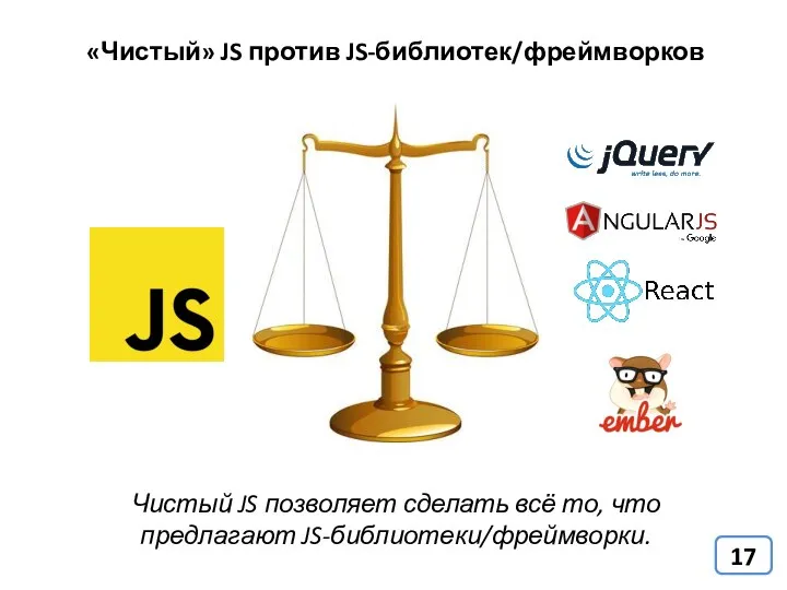«Чистый» JS против JS-библиотек/фреймворков Чистый JS позволяет сделать всё то, что предлагают JS-библиотеки/фреймворки.