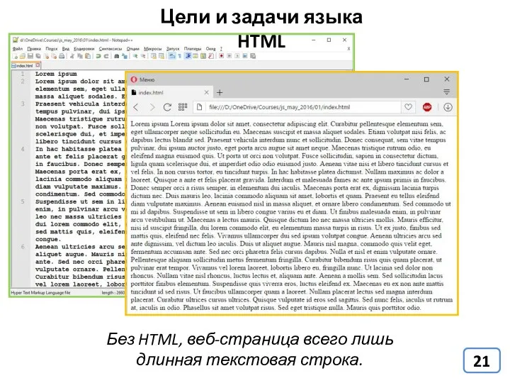 Цели и задачи языка HTML Без HTML, веб-страница всего лишь длинная текстовая строка.