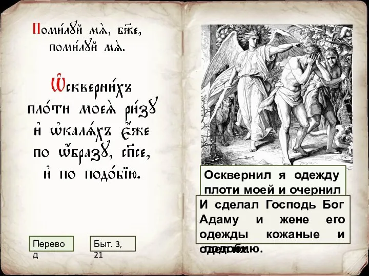 Быт. 3, 21 Перевод Осквернил я одежду плоти моей и очернил