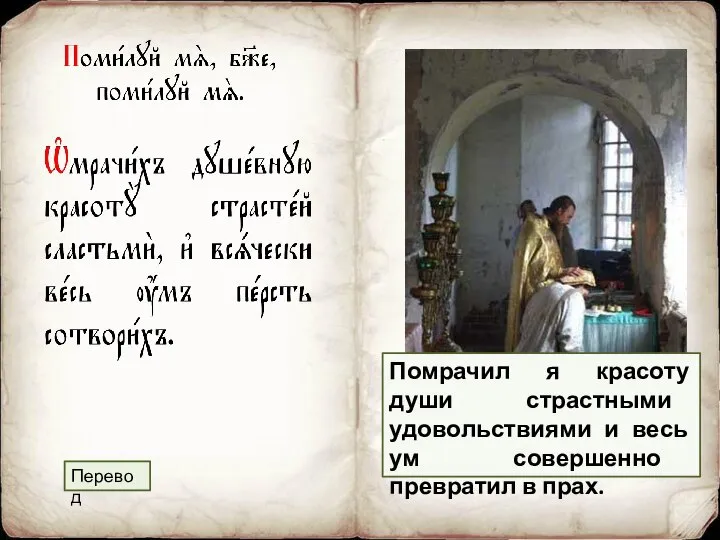 Перевод Помрачил я красоту души страстными удовольствиями и весь ум совершенно превратил в прах.