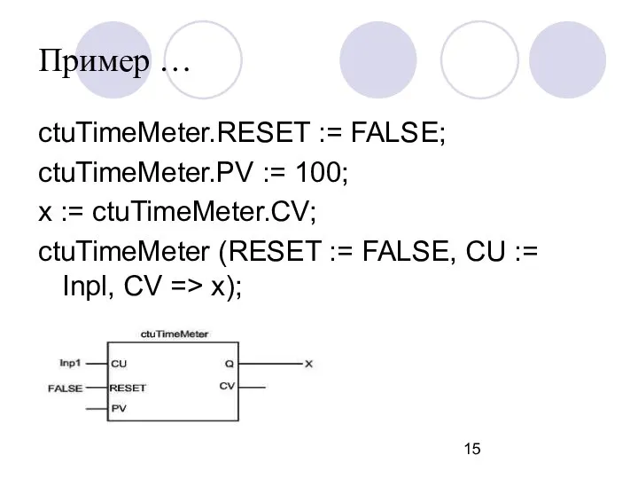 ctuTimeMeter.RESET := FALSE; ctuTimeMeter.PV := 100; x := ctuTimeMeter.CV; ctuTimeMeter (RESET