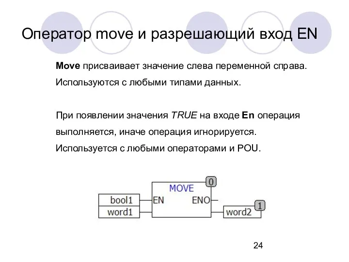 Move присваивает значение слева переменной справа. Используются с любыми типами данных.