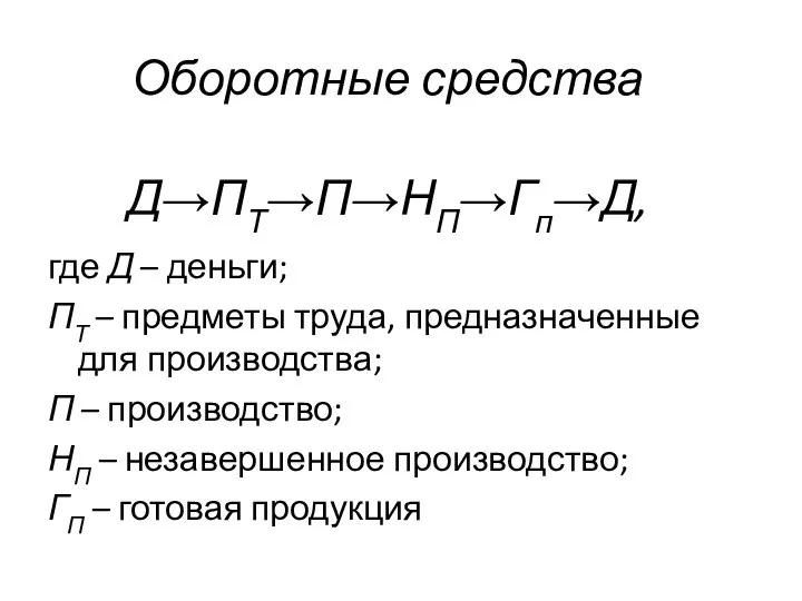 Д→ПТ→П→НП→Гп→Д, где Д – деньги; ПТ – предметы труда, предназначенные для