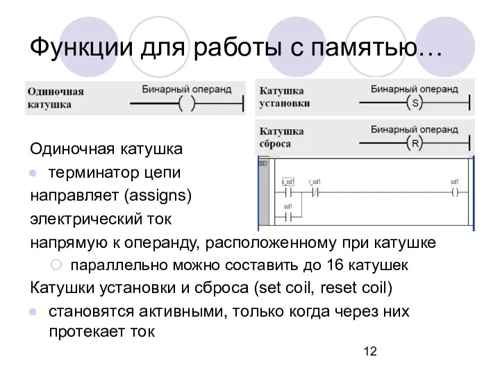 Функции для работы с памятью… Одиночная катушка терминатор цепи направляет (assigns)