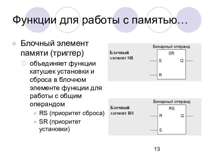 Функции для работы с памятью… Блочный элемент памяти (триггер) объединяет функции