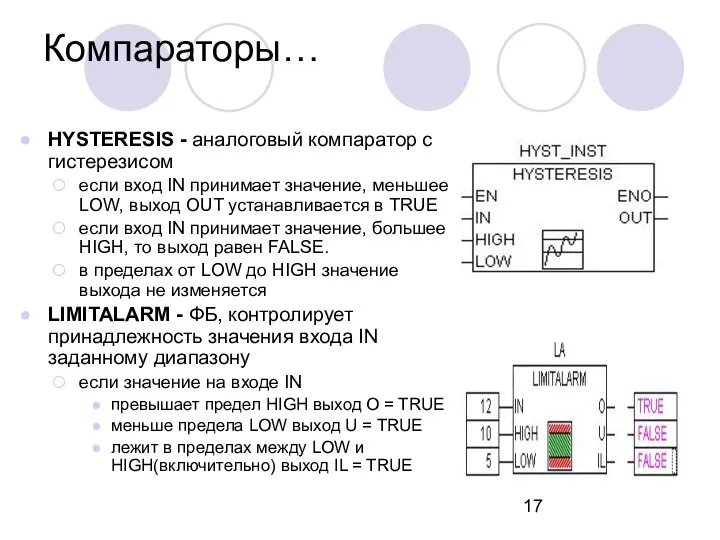 Компараторы… HYSTERESIS - аналоговый компаратор с гистерезисом если вход IN принимает