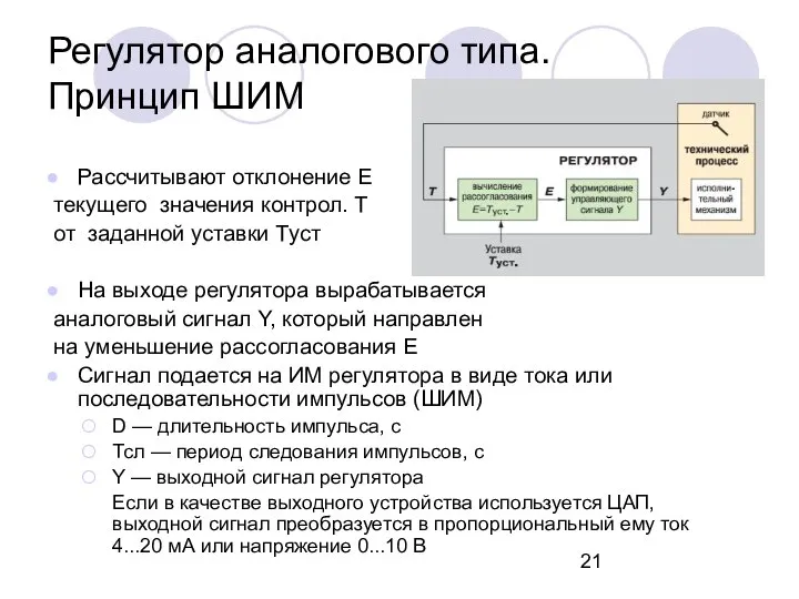 Регулятор аналогового типа. Принцип ШИМ Рассчитывают отклонение E текущего значения контрол.