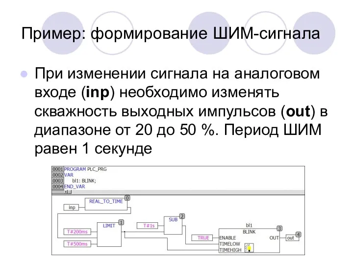 Пример: формирование ШИМ-сигнала При изменении сигнала на аналоговом входе (inp) необходимо