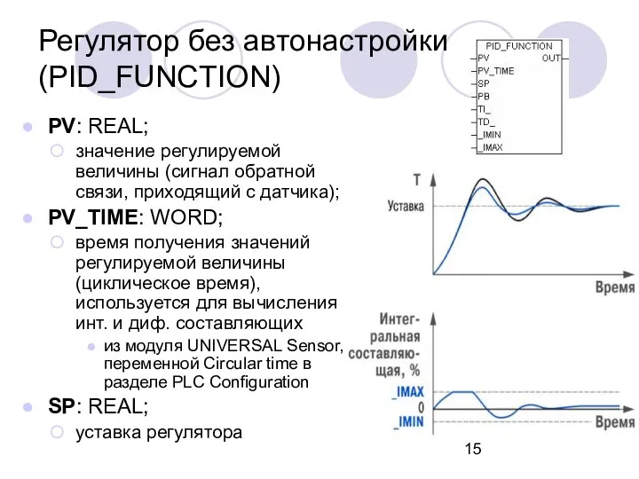 Регулятор без автонастройки (PID_FUNCTION) PV: REAL; значение регулируемой величины (сигнал обратной