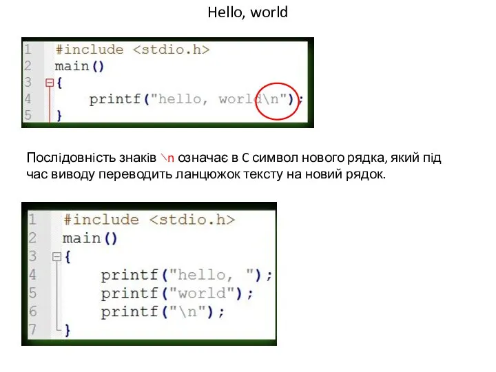 Hello, world Послiдовнiсть знакiв ∖n означає в C символ нового рядка,