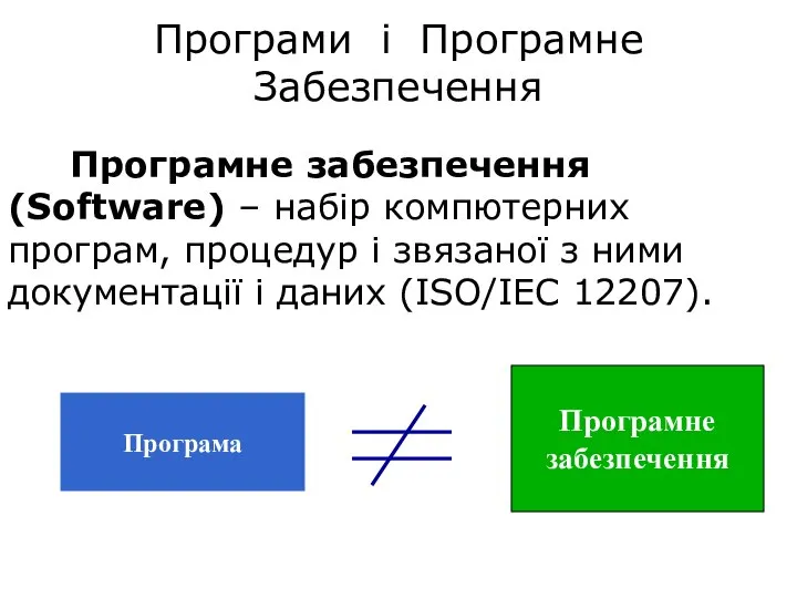 Програми і Програмне Забезпечення Програмне забезпечення (Software) – набір компютерних програм,