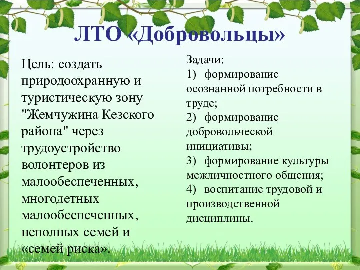 ЛТО «Добровольцы» Цель: создать природоохранную и туристическую зону "Жемчужина Кезского района"