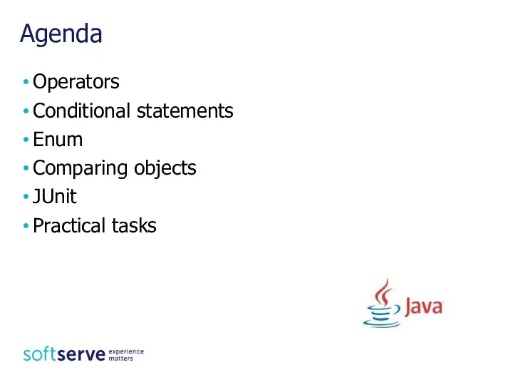 Agenda Operators Conditional statements Enum Comparing objects JUnit Practical tasks