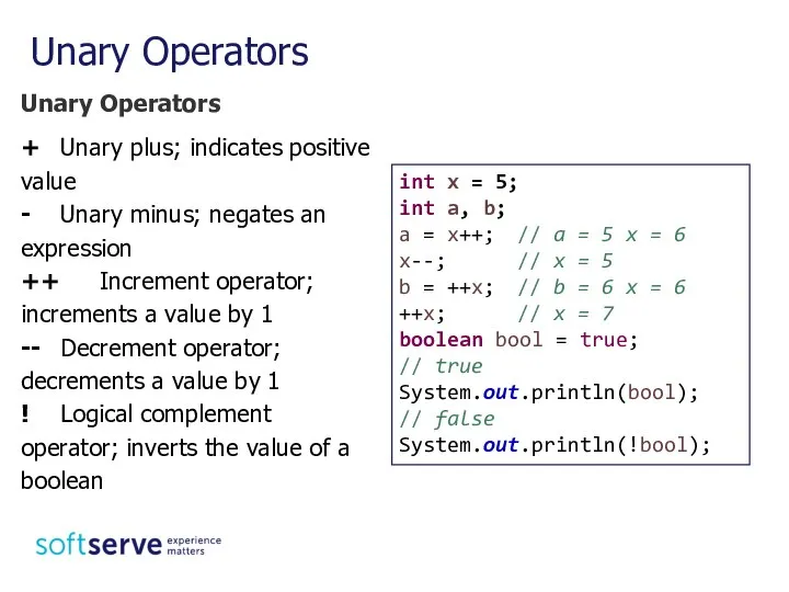 Unary Operators Unary Operators + Unary plus; indicates positive value -