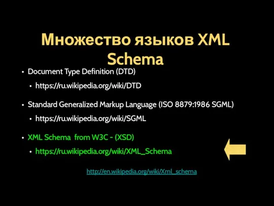 Множество языков XML Schema Document Type Definition (DTD) https://ru.wikipedia.org/wiki/DTD Standard Generalized