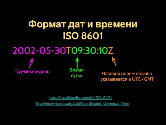 Формат дат и времени ISO 8601 2002-05-30T09:30:10Z Год-месяц-день Время суток Часовой