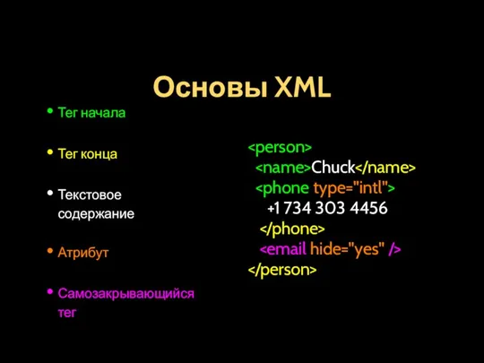 Основы XML Тег начала Тег конца Текстовое содержание Атрибут Самозакрывающийся тег Chuck +1 734 303 4456