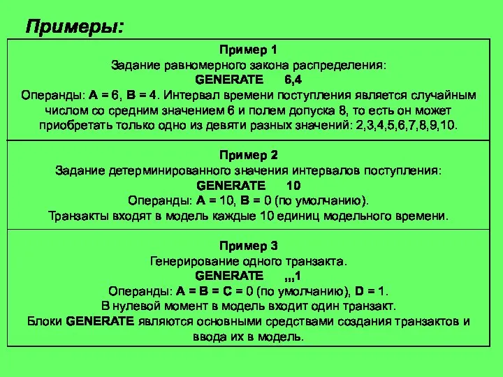 Примеры: Пример 1 Задание равномерного закона распределения: GENERATE 6,4 Операнды: A