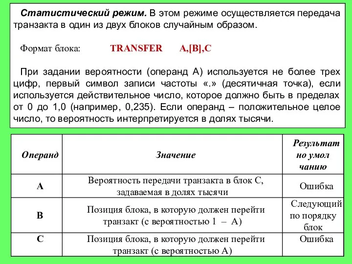 Статистический режим. В этом режиме осуществляется передача транзакта в один из