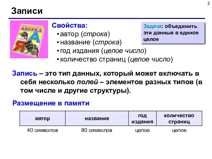 Записи Запись – это тип данных, который может включать в себя