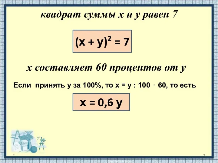 (х + у)2 = 7 квадрат суммы x и y равен