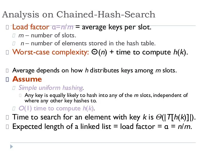 Analysis on Chained-Hash-Search Load factor α=n/m = average keys per slot.