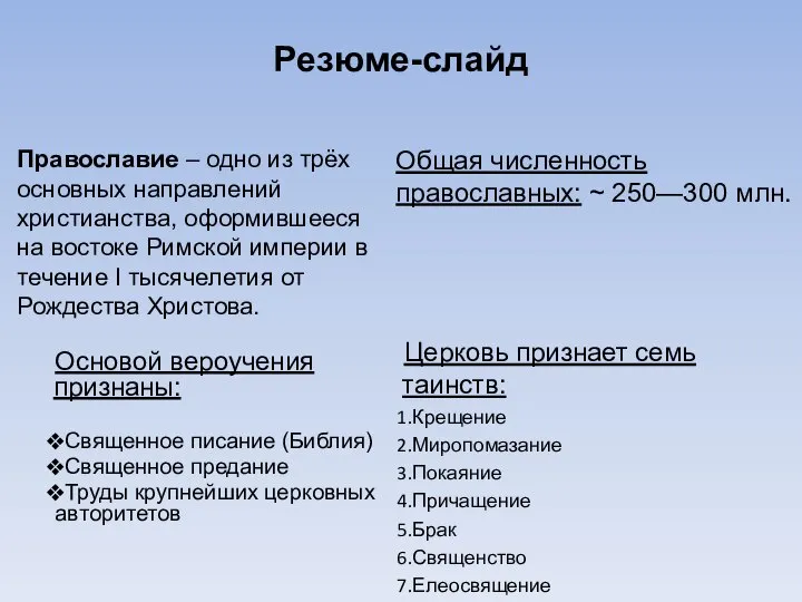 Резюме-слайд Православие – одно из трёх основных направлений христианства, оформившееся на