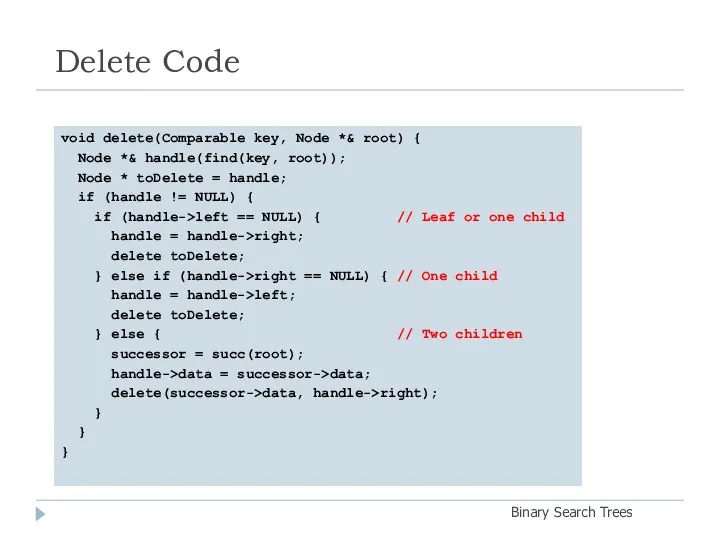 Delete Code Binary Search Trees void delete(Comparable key, Node *& root)