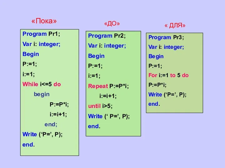 Program Pr1; Var i: integer; Begin P:=1; i:=1; While i begin