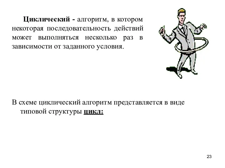 В схеме циклический алгоритм представляется в виде типовой структуры цикл: Циклический