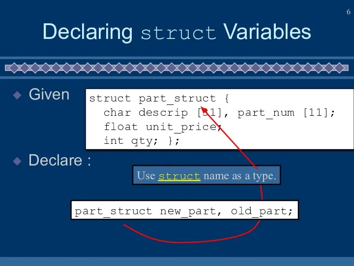 Declaring struct Variables Given Declare : struct part_struct { char descrip