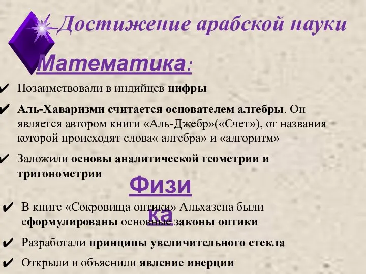 Достижение арабской науки Математика: Позаимствовали в индийцев цифры Аль-Хаваризми считается основателем