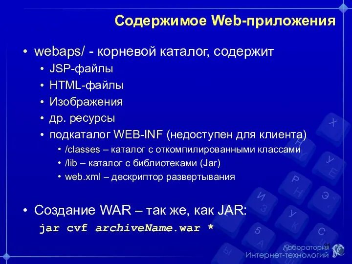 Содержимое Web-приложения webaps/ - корневой каталог, содержит JSP-файлы HTML-файлы Изображения др.