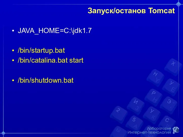 Запуск/останов Tomcat JAVA_HOME=C:\jdk1.7 /bin/startup.bat /bin/catalina.bat start /bin/shutdown.bat