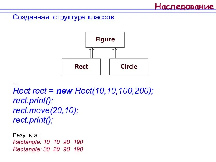 Наследование Созданная структура классов ... Rect rect = new Rect(10,10,100,200); rect.print();