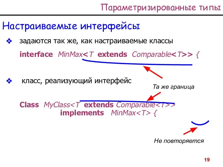 Параметризированные типы Настраиваемые интерфейсы задаются так же, как настраиваемые классы interface