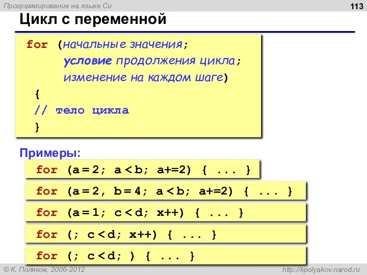 Цикл с переменной for (начальные значения; условие продолжения цикла; изменение на