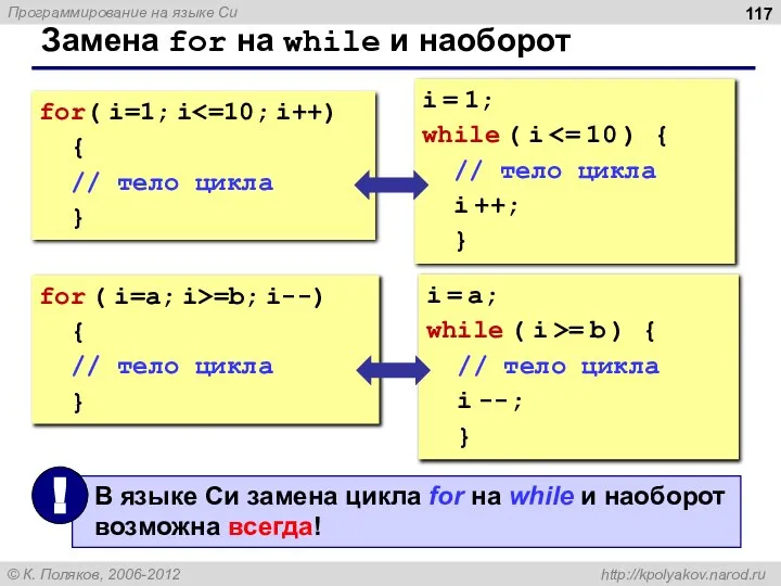 Замена for на while и наоборот for( i=1; i { //