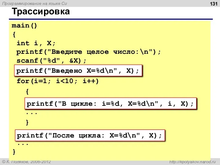 Трассировка printf("Введено X=%d\n", X); printf("В цикле: i=%d, X=%d\n", i, X); printf("После