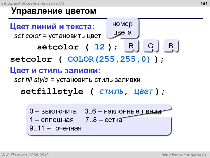 Управление цветом Цвет линий и текста: set color = установить цвет