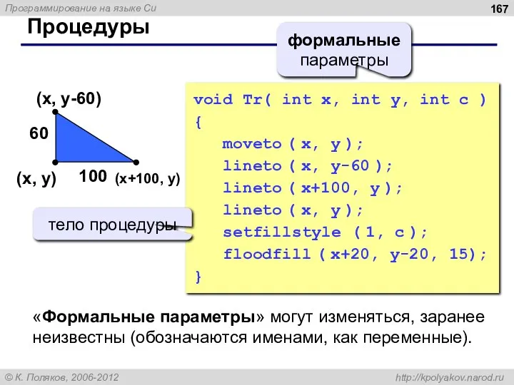 Процедуры (x+100, y) (x, y-60) void Tr( int x, int y,