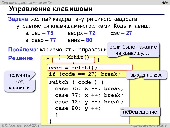Управление клавишами Задача: жёлтый квадрат внутри синего квадрата управляется клавишами-стрелками. Коды